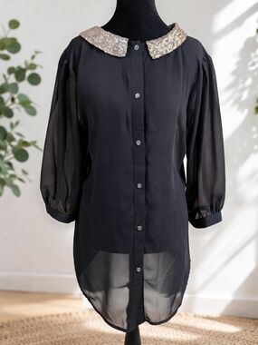 BKE Red Sheer Tunic Blouse Size L Black Gold Sequin Collar Hi Low Top